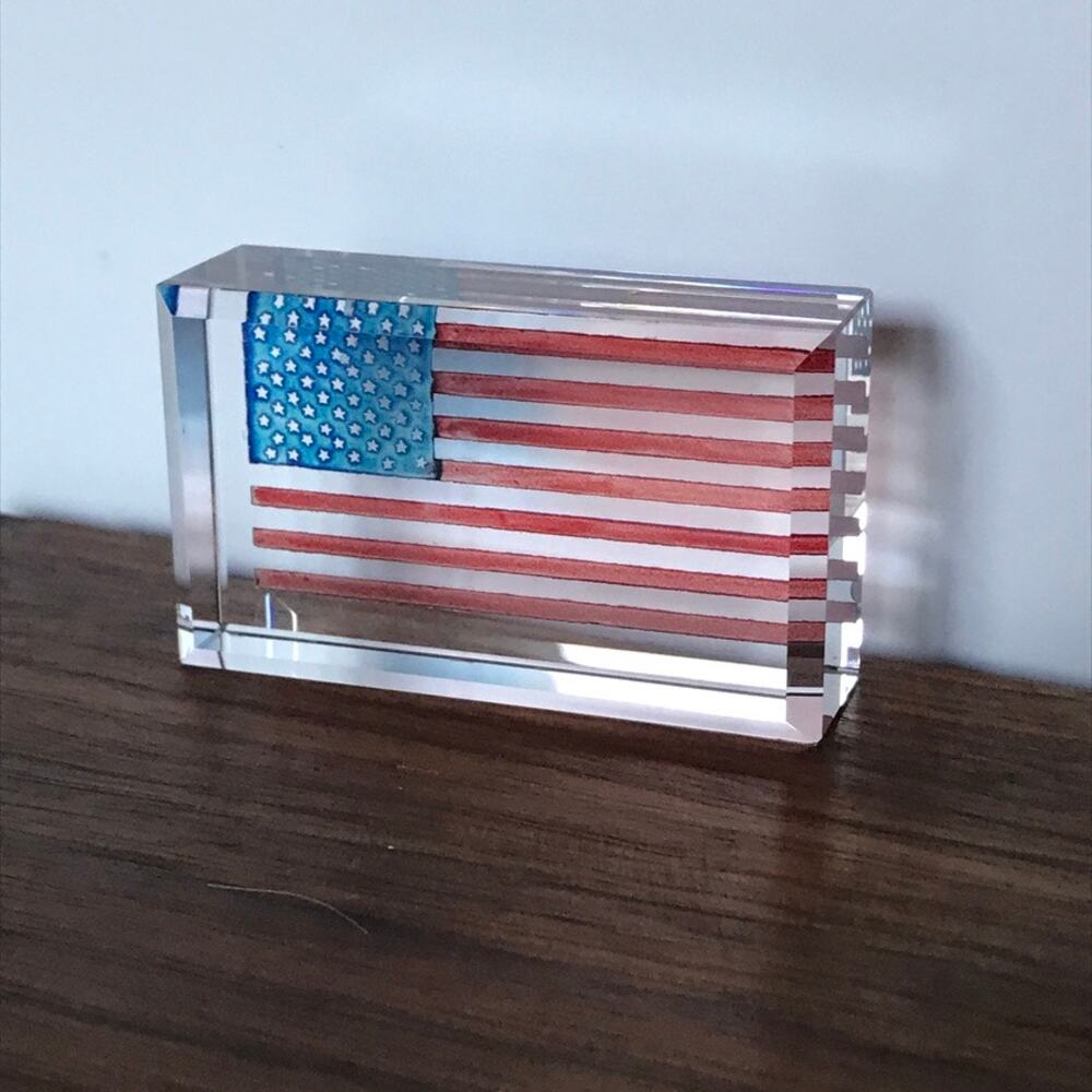 Vintage American Flag clear block paper weight U.S.A. Americana